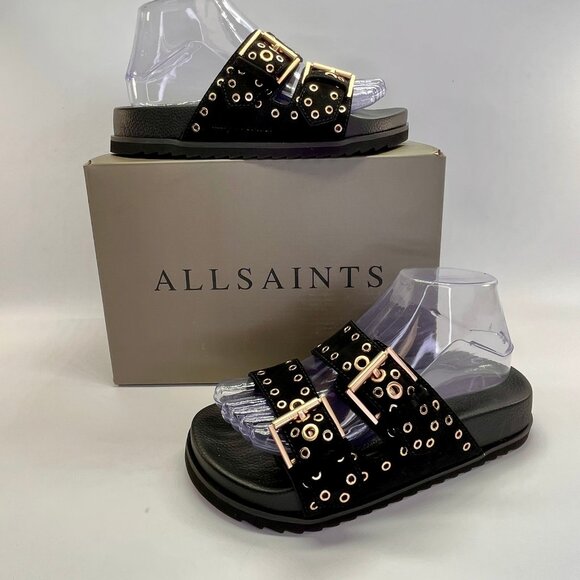 AllSaints Khai Sandal Size 7 Black Suede Double Strap Eyelet Chunky Slide - Picture 1 of 16